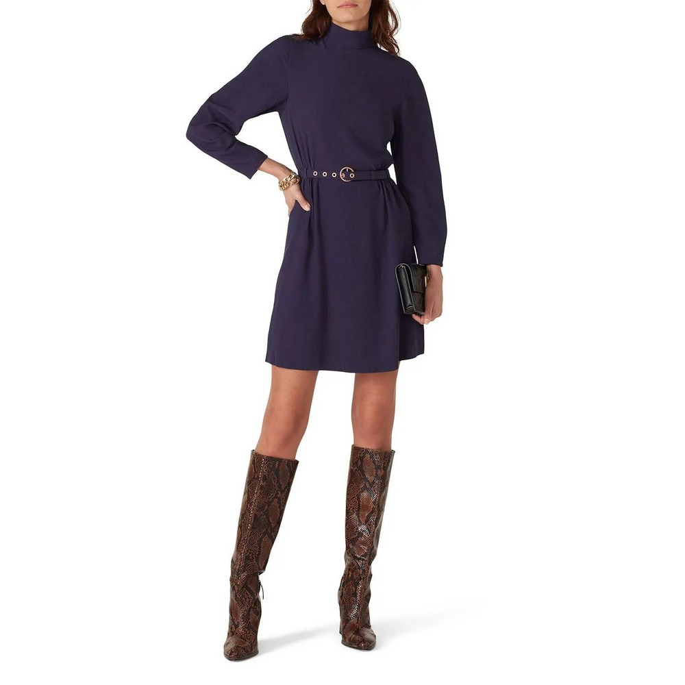 See By Chloe Mock Neck Long Sleeve Dress Dark Denim Blue Crepe Size 40 CHS20WRO